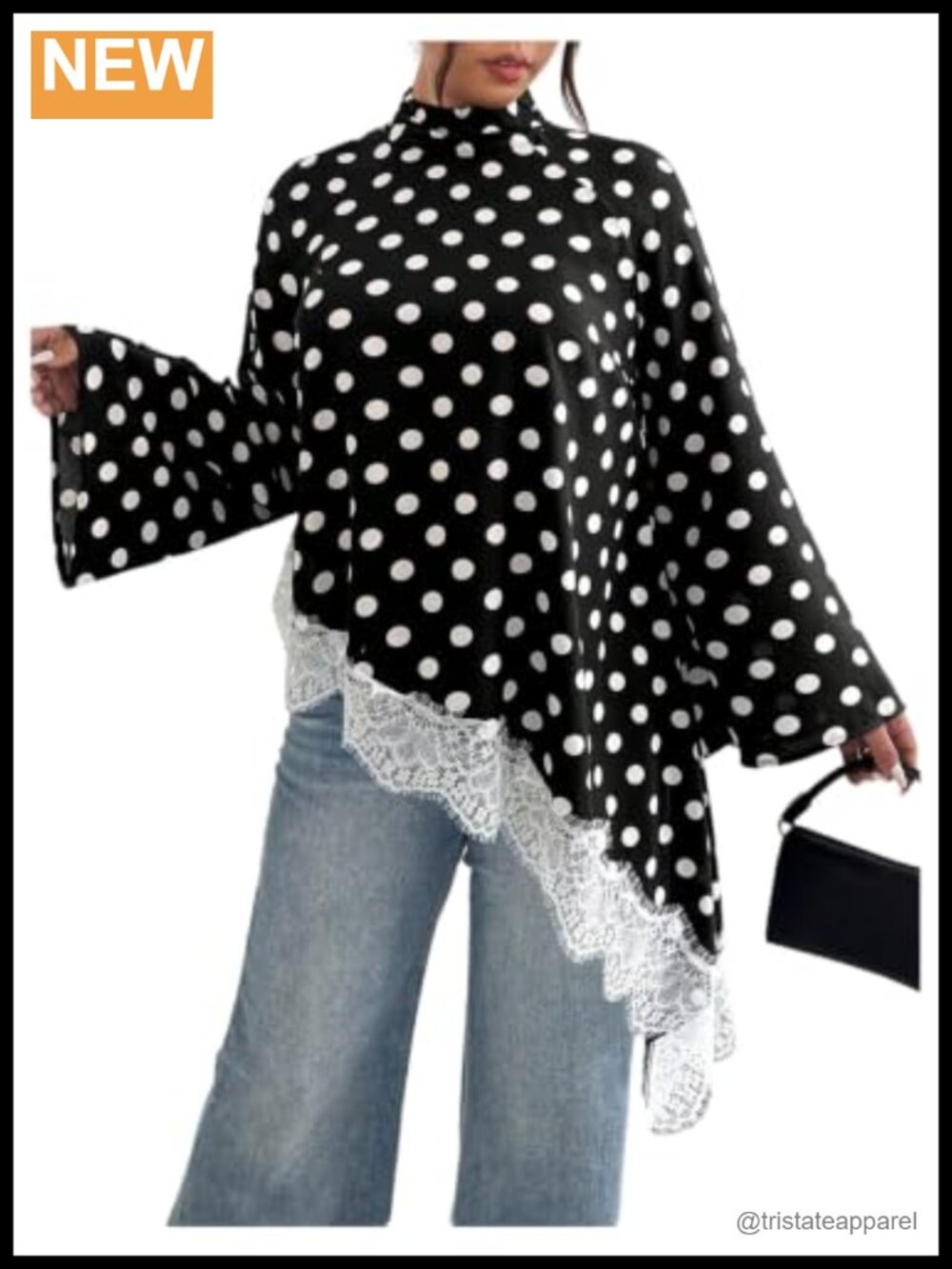 Plus Size Polka Dot Blouse Lace Long Bell Sleeve Asymmetrical Mock Neck Dressy